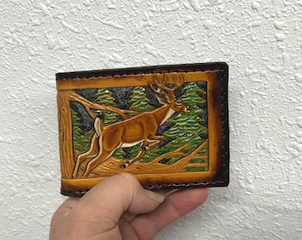 deer wallet, mans wallet, leather wallet, hand tooled wallet,hand carved deer wallet,stitched billfold, wallet, leather bifold wallet, money