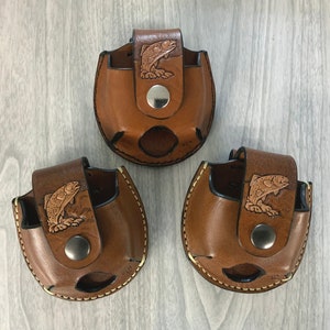 Fish snuff case, fisherman snuff, leather snuff can holder,snuff holder hang on belt,handtooled leather snuffcan with snap, jerky case,fish