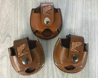 Fish snuff case, fisherman snuff, leather snuff can holder,snuff holder hang on belt,handtooled leather snuffcan with snap, jerky case,fish