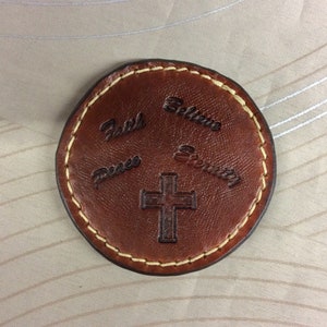 Leather religious coaster, leather coaster,coaster,religious cross on coaster,cross coaster,religion,One coaster,hand tooled leather coaster