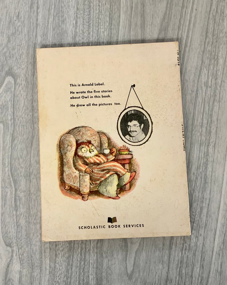 K&ouml;nnte beinhalten: R&uuml;ckseite eines Vintage-Kinderbuchs mit einer Illustration einer Eule in einem gestreiften Bademantel, die in einem gemusterten Sessel sitzt und eine Teetasse h&auml;lt. Der Text lautet: "This is Arnold Lobel. He wrote the five stories about Owl in this book. He drew all the pictures too."