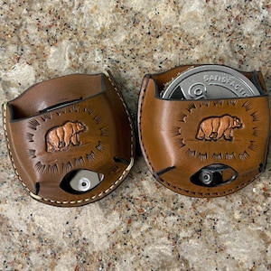 Bear Snuff can holder,  leather snuff can holster,snuff holder hangs on belt,hand tooled leather snuff can holder, jerky case,bear,snuz case