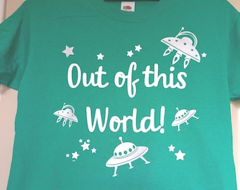 Out of this World children's T-Shirt with shimmer space ships & stars