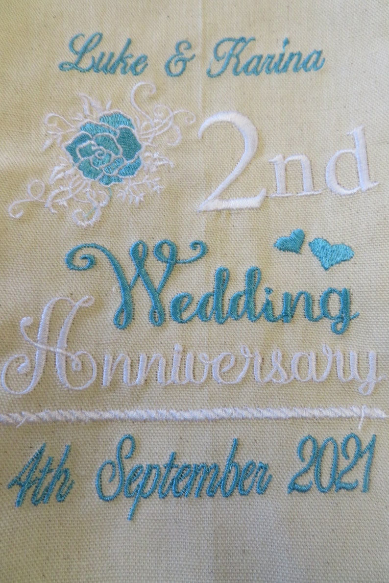 Personalised Cotton / Linen Anniversary gift Embroidered T-Towel 1st 2nd 4th etc image 6