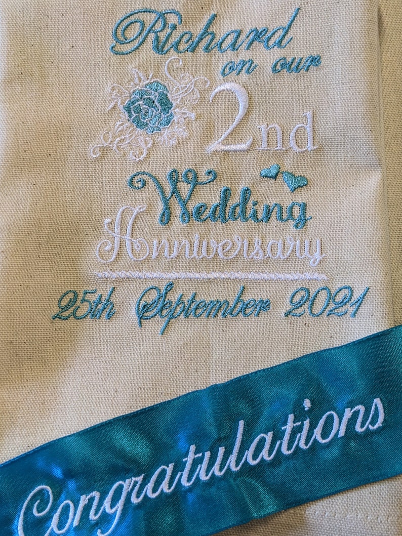 Personalised Cotton / Linen Anniversary gift Embroidered T-Towel 1st 2nd 4th etc image 7