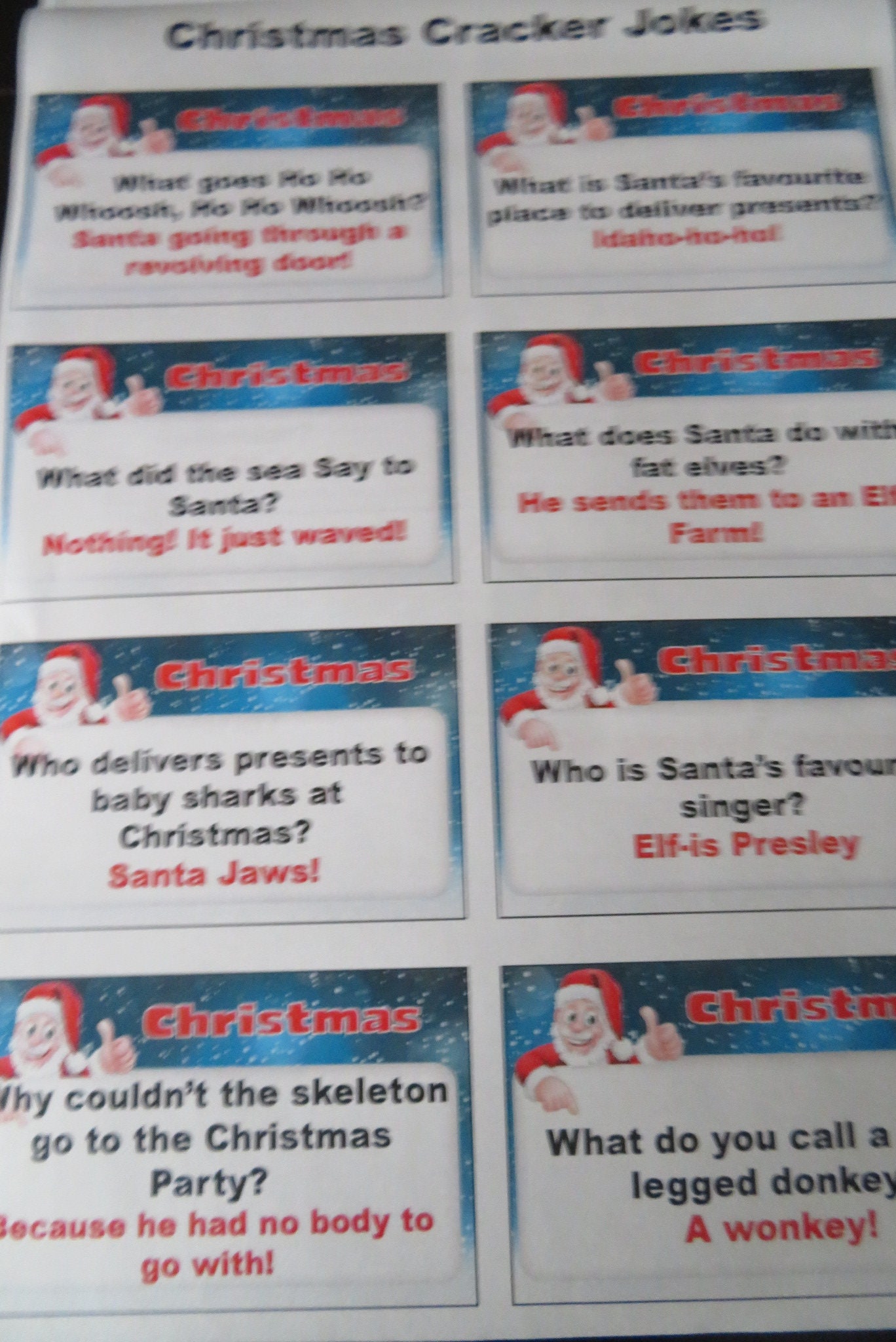 Christmas Cracker Filler Funny Joke Sheets FREE UK POST Etsy UK