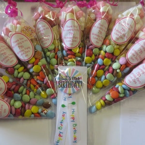 Personalised pre-filled Party Sweet cones + Birthday Badge - Children Birthday, Anniversary, Wedding, Holy communion