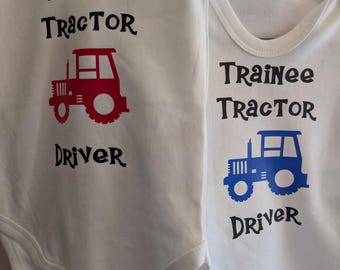 Trainee Tractor Driver Baby Vest in various sizes & Tractor colours