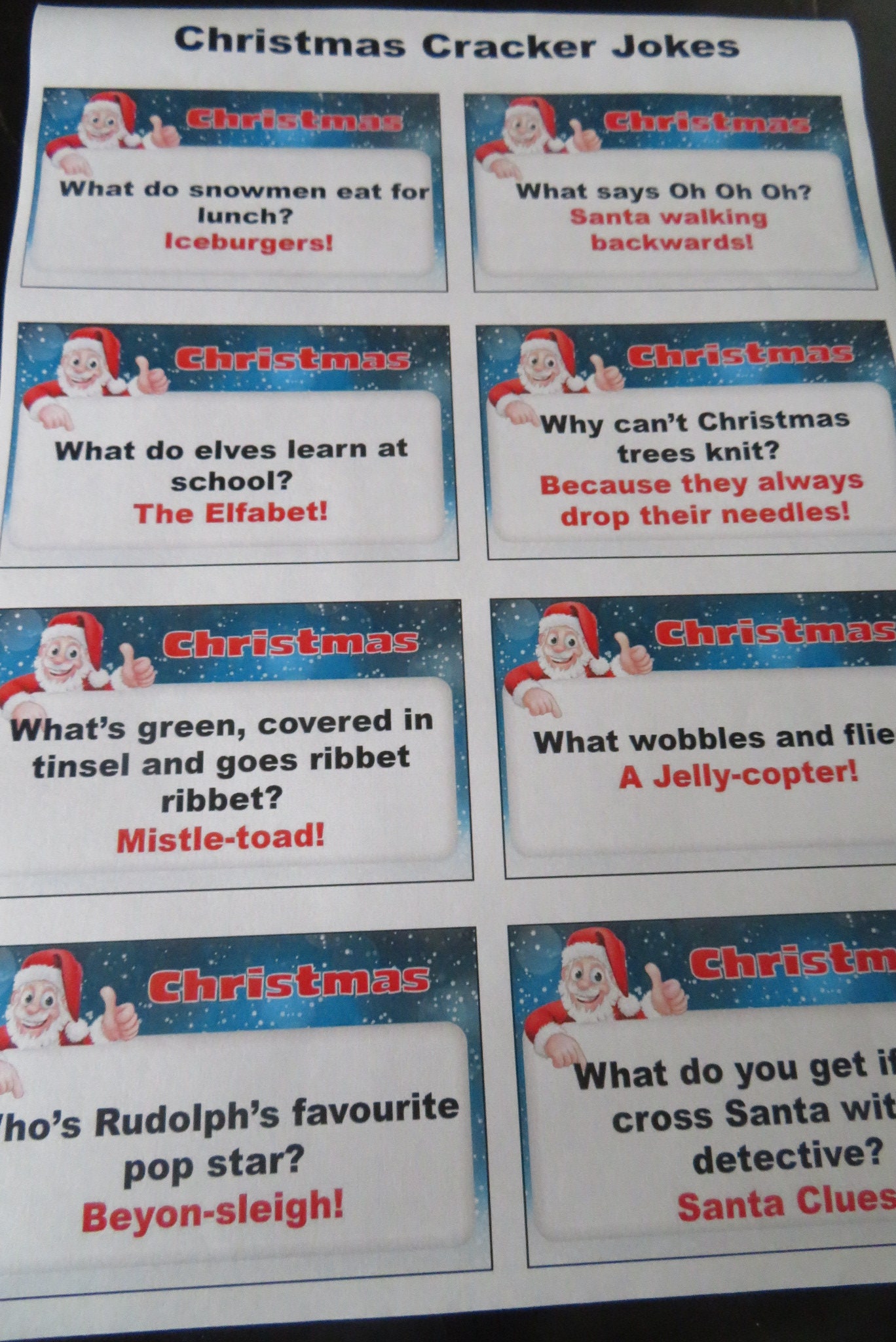 Christmas Cracker Filler Funny Joke Sheets FREE UK POST Etsy UK