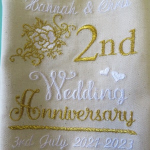 Personalised Cotton / Linen Anniversary gift Embroidered T-Towel 1st 2nd 4th etc image 1