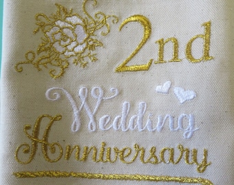 Personalised Cotton / Linen Anniversary gift Embroidered T-Towel Any year - 2nd, Linen, Silver, Golden, Sapphire etc