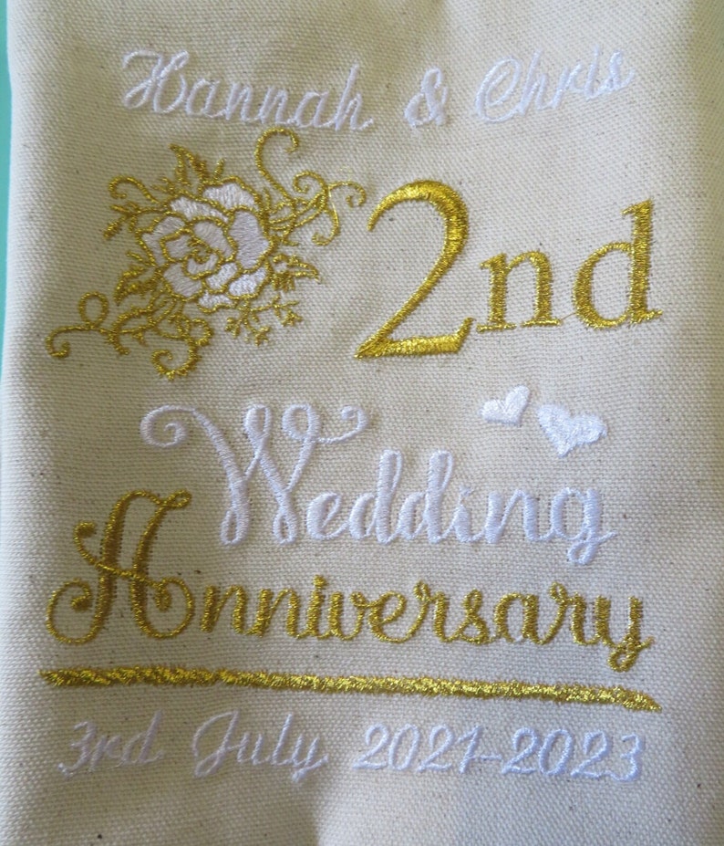 Personalised Cotton / Linen Anniversary gift Embroidered T-Towel 1st 2nd 4th etc image 1