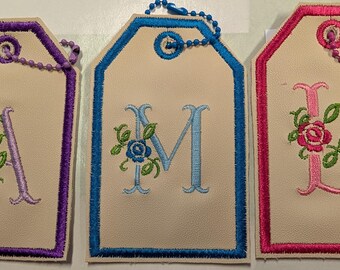 Personalised Flower Initial Luggage Bag / Suitcase / Handbag Tag PLUS contact card in pocket on reverse