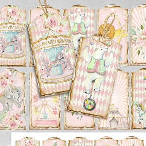 Pink Circus Tags Junk Journal Scrapbook Collage Sheet Hang Tags DIGITAL DOWNLOAD Party Printables Shabby Chic Circus Birthday