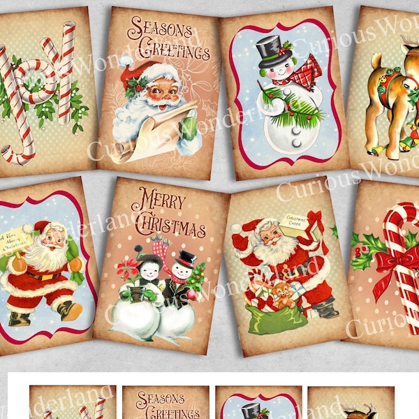 Retro Christmas Santa Collage Sheet, Tags, Journal Cards, Digital Image, Scrapbook Cards, Printable Download, ACEO, Digital Cards Snowman