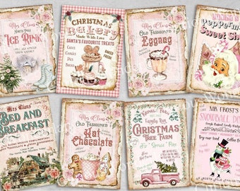 Foglio collage Shabby Chic Mrs Claus Christmas Bakery, etichette, biglietti di diario, immagini digitali, biglietti di scrapbooking, download stampabile, ACEO,