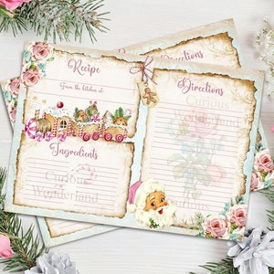 Shabby Chic Christmas Recipe Cards - Collage Sheet -Printable Recipe Card - Digital Download - Pink Santa - INSTANT DOWNLOAD - Food Cards