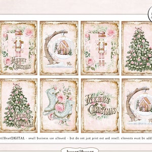 Shabby Chic Pink Christmas Collage Sheet, Tags, Journal Cards, Digital Image, Scrapbook Cards, Printable Download, ACEO, Nutcracker
