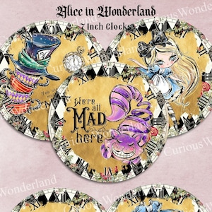 Alice in Wonderland Large Clocks - Printable Clocks, Digital Download, INSTANT DOWNLOAD Collage sheet , Mad Hatter Tea Party