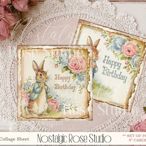 Adornos cuadrados de 10 cm de Peter Rabbit estilo vintage, diarios basura, tarjetas de cumpleaños digitales, suministros para scrapbooking y fabricación de tarjetas.