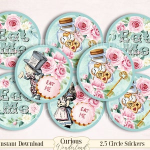May include: Set of eight 2.5 inch round stickers featuring Alice in Wonderland themed designs. The stickers feature a blue background with pink roses and the text "Eat Me". Some stickers feature Alice, the Mad Hatter, and a jar with a key and cookies.