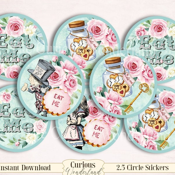 Alice in Wonderland Eat Me Circles, Cupcake Toppers, Collage Sheets, Bottle Cap Images, Instant Download, Alice Printable Images Stickers PW