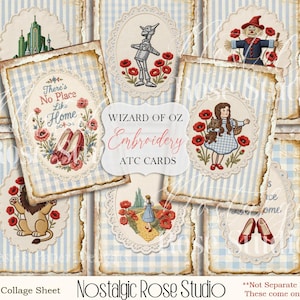 May include: A collection of vintage-style ATC cards featuring illustrations from The Wizard of Oz. Each card has a blue and white striped or checkered background, with images of characters and quotes. The cards are labeled "Wizard of Oz Embroidery ATC Cards."