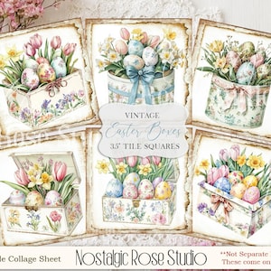May include: A collage sheet featuring vintage-style Easter boxes. Each box is filled with decorated eggs, tulips, and daffodils. The boxes are adorned with floral patterns and ribbons. The text reads "Vintage Easter Boxes 3.5" Tile Squares".