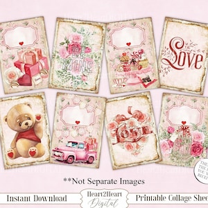 Shabby Chic Valentine Collage Sheet, Tags, Journal Cards, Digital Image, Scrapbook Cards, Printable Download, ACEO, Teddy Bear Cupid