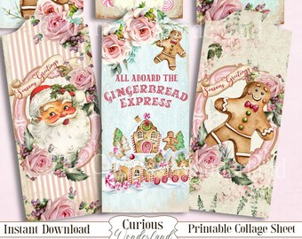 Shabby Chic Pink Christmas Bookmark Tags Junk Journal Digital Collage Sheet Digital Cards Printable Download Image Vintage Junk Journal