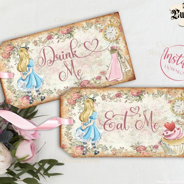 Alice in Wonderland Tags, Eat Me, Drink Me, Printable Tags, Favors Tea party Mad Hatter Digital Download