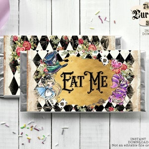 Alice in Wonderland Eat Me Candy Bar Wrapper, Printable Hershey bar wrapper, Alice Party, Candy Favors, Printable Candy Labels Chocolate Bar
