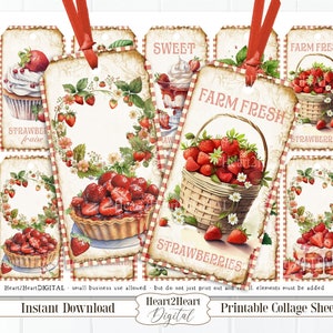 Strawberry Tags, Printable Strawberry Ephemera, Digital Download, Strawberry Labels, Journal Supplies