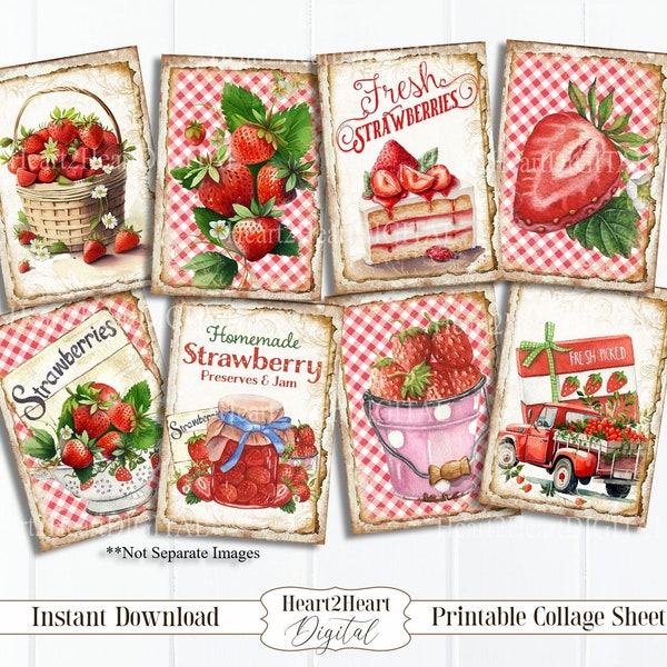 Farmhouse Strawberry Cards Collage Sheet, Tags, Journal Cards, Digital Image, Scrapbook Cards, Printable Download, ACEO, Strawberries