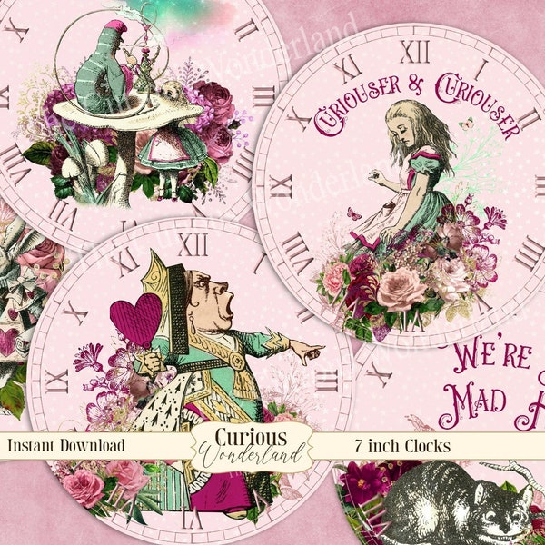 Alice in Wonderland Clocks - Printable Clocks, Digital Download, INSTANT DOWNLOAD Collage sheet , Mad Hatter Tea Party