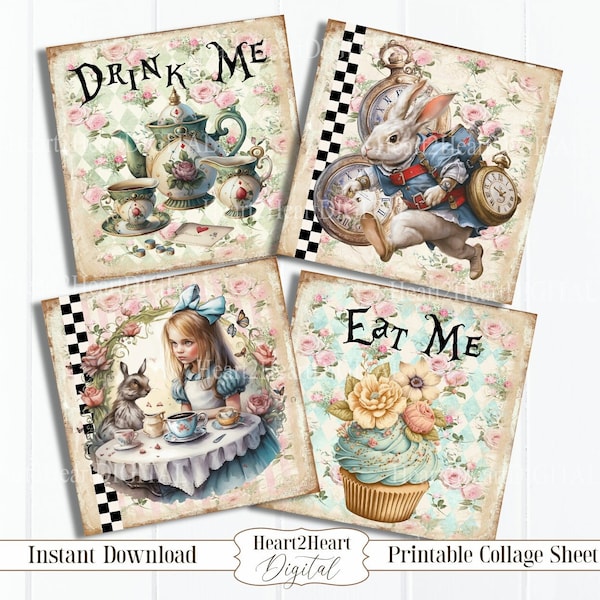 Alice in Wonderland 4" Squares Tier Tray Signs, Drink Me Collage Sheet Printable Labels Digital Images Scrapbooking Craft, Cards, 4x4 Eat Me