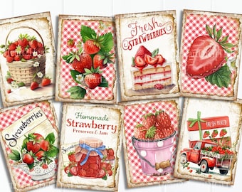 Foglio di collage di cartoline di fragole della fattoria, etichette, schede di diario, immagini digitali, schede di album, download stampabile, ACEO, fragole