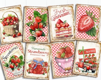 Farmhouse Strawberry Cards Collage Sheet, Tags, Journal Cards, Digital Image, Scrapbook Cards, Printable Download, ACEO, Strawberries