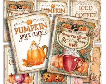Pumpkin Spice Collage Sheet, Retro Halloween, Journal Cards, Digital Image, Scrapbook Cards, Printable Download, ACEO, Digital Cards