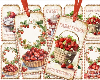 Strawberry Tags, Printable Strawberry Ephemera, Digital Download, Strawberry Labels, Journal Supplies