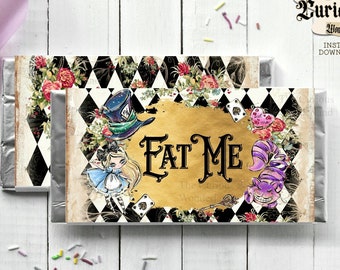 Alice in Wonderland Eat Me Candy Bar Wrapper, Printable Hershey bar wrapper, Alice Party, Candy Favors, Printable Candy Labels Chocolate Bar