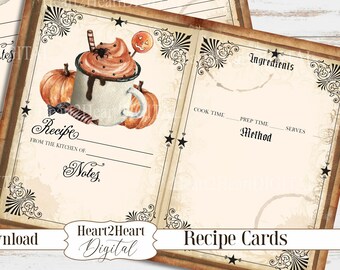 Halloween Fall Recipe Cards, Collage Sheet, Printable Recipe Card, Recipe Book Cards, Digital Download, Halloween Pumpkins, INSTANT DOWNLOAD