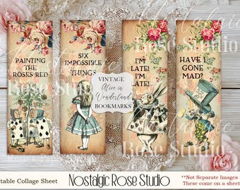 Marque-pages Alice au pays des merveilles Étiquettes volantes Journal indésirable Scrapbooking Collage imprimable feuille Chapelier fou Image numérique