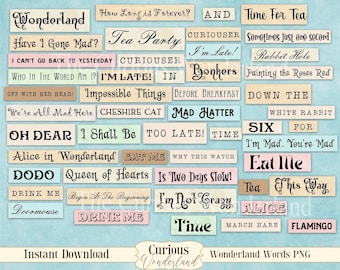 Alice in Wonderland Collage Sheet Quotes, Ephemera , Fussy Cuts Word Clipart, INSTANT DOWNLOAD, Digital Stamp, Scrapbooking, Sublimation