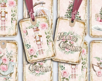 Shabby Chic Pink Christmas Hang Tags Collage Sheet ATC Journal Cards Digital Image Scrapbook Ephemera Cards Printable Download ACEO Cards