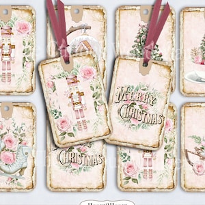 Shabby Chic Pink Christmas Hang Tags Collage Sheet ATC Journal Cards Digital Image Scrapbook Ephemera Cards Printable Download ACEO Cards