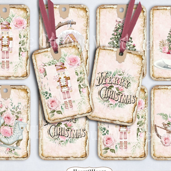 Shabby Chic Pink Christmas Hang Tags Collage Sheet ATC Journal Cards Digital Image Scrapbook Ephemera Cards Printable Download ACEO Cards