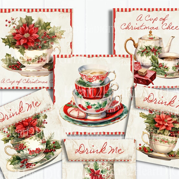 Shabby Christmas Teacup Tea Envelope, Christmas Envelope, Christmas Printables, Tea Envelope, INSTANT DOWNLOAD, Tea Party Favors