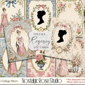 Può includere: Un foglio collage scaricabile digitalmente con diverse carte rettangolari a tema Regency. I disegni includono sagome, figure in abiti d'epoca, ghirlande floreali e vasi in tenui tonalità pastello di rosa, blu e crema.