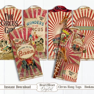 Circus Bookmark Tags Junk Journal Digital Collage Sheet Digital Cards Printable Download Digital Image Vintage Circus Animals Clowns